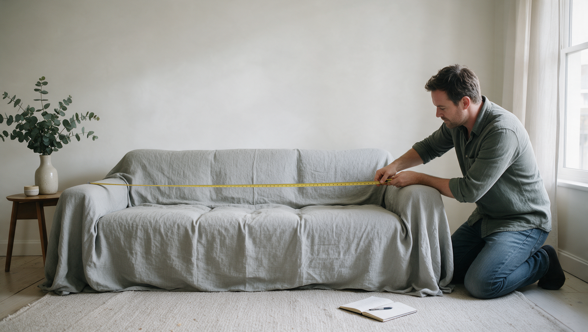 Eliot measuring a couch arm to arm before choosing a cover size