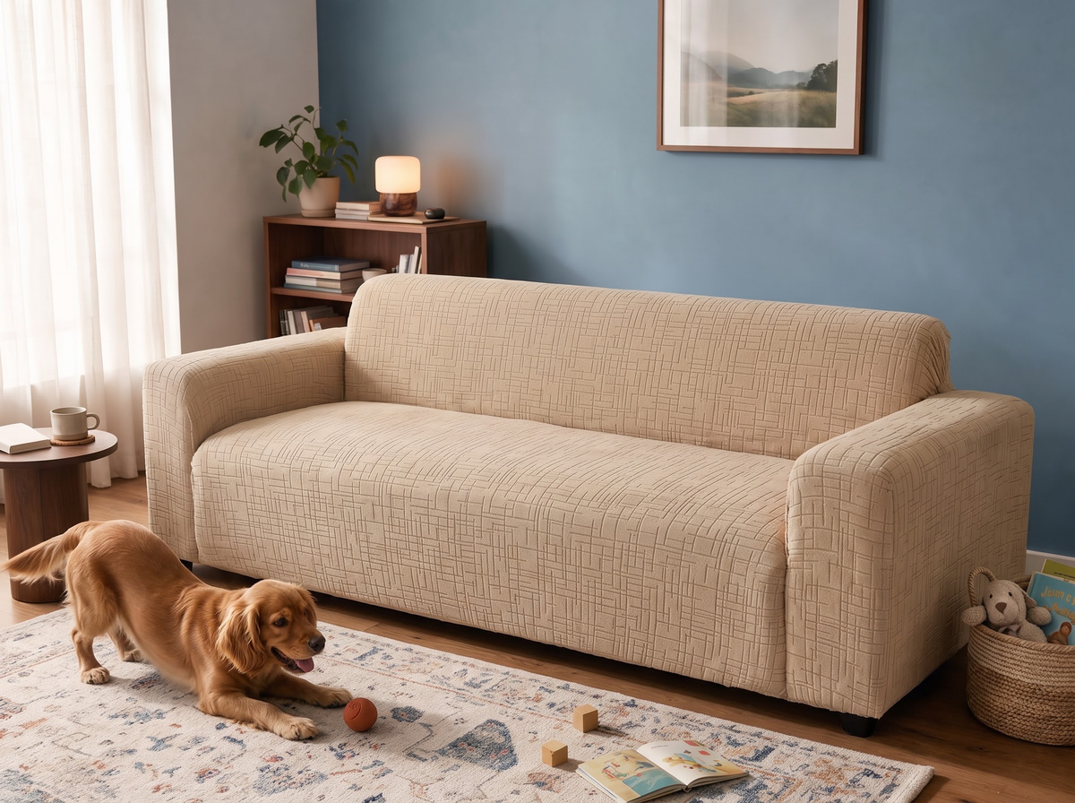 Arquette in Milk Tea removable couch cover in the after-comparison scene, with a playful golden dog.