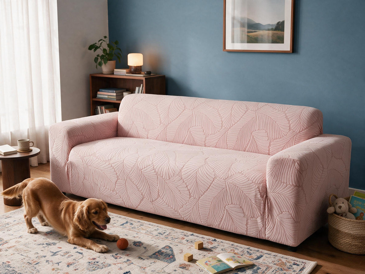Avelia in Pink removable couch cover in the after-comparison scene, with a playful golden dog.