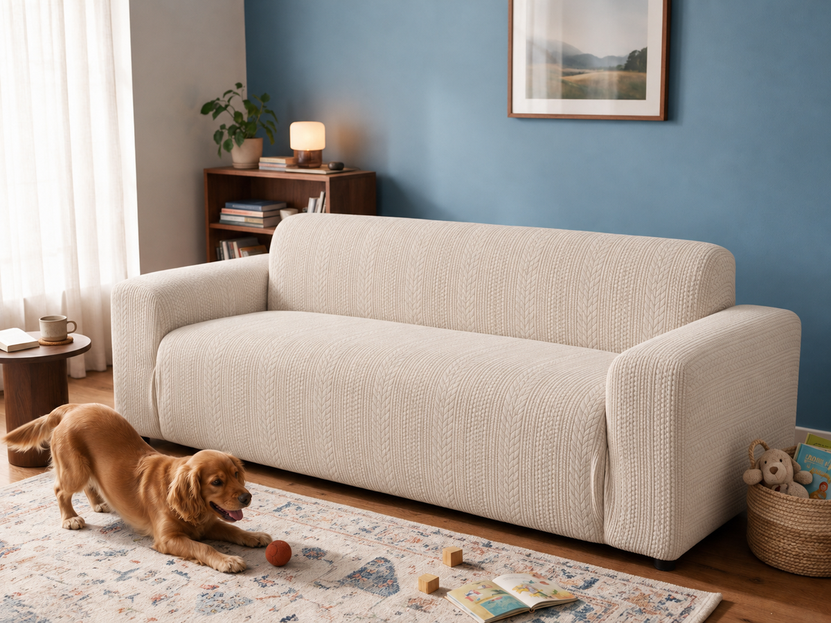 Braelyn in Cream White removable couch cover in the after-comparison scene, with the same sofa, blue-walled family room and playful golden dog.