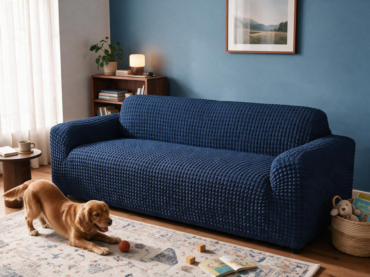Bobble Textured in Dark Blue removable couch cover in the after-comparison scene, with a playful golden dog.