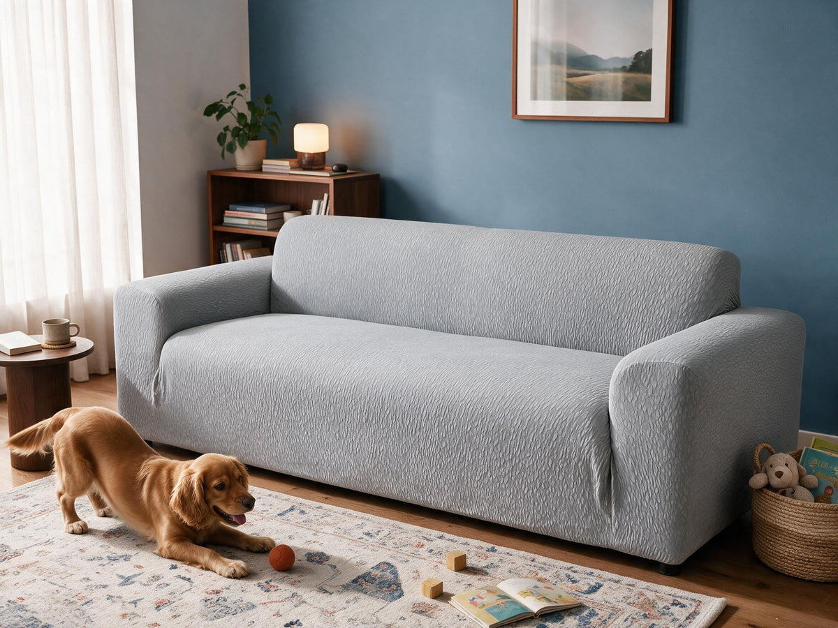 Pebble Textured in Light Grey removable couch cover in the after-comparison scene, with a playful golden dog.