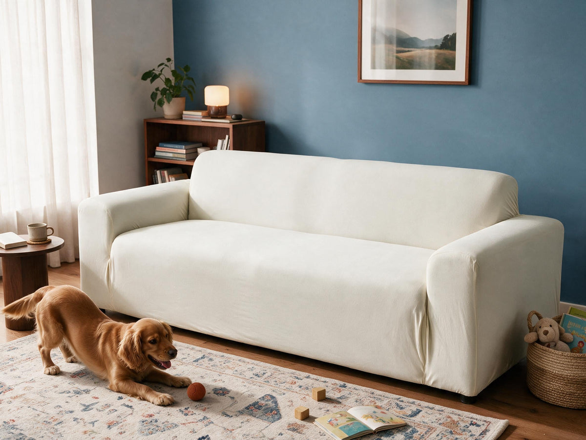 Classic Plain in Alabaster White removable couch cover in the after-comparison scene, with a playful golden dog.