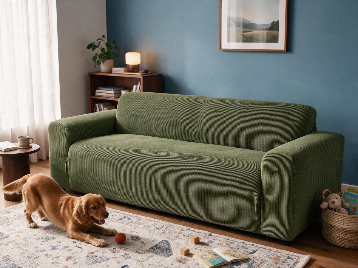 Cordelle in Green removable couch cover in the after-comparison scene, with a playful golden dog.