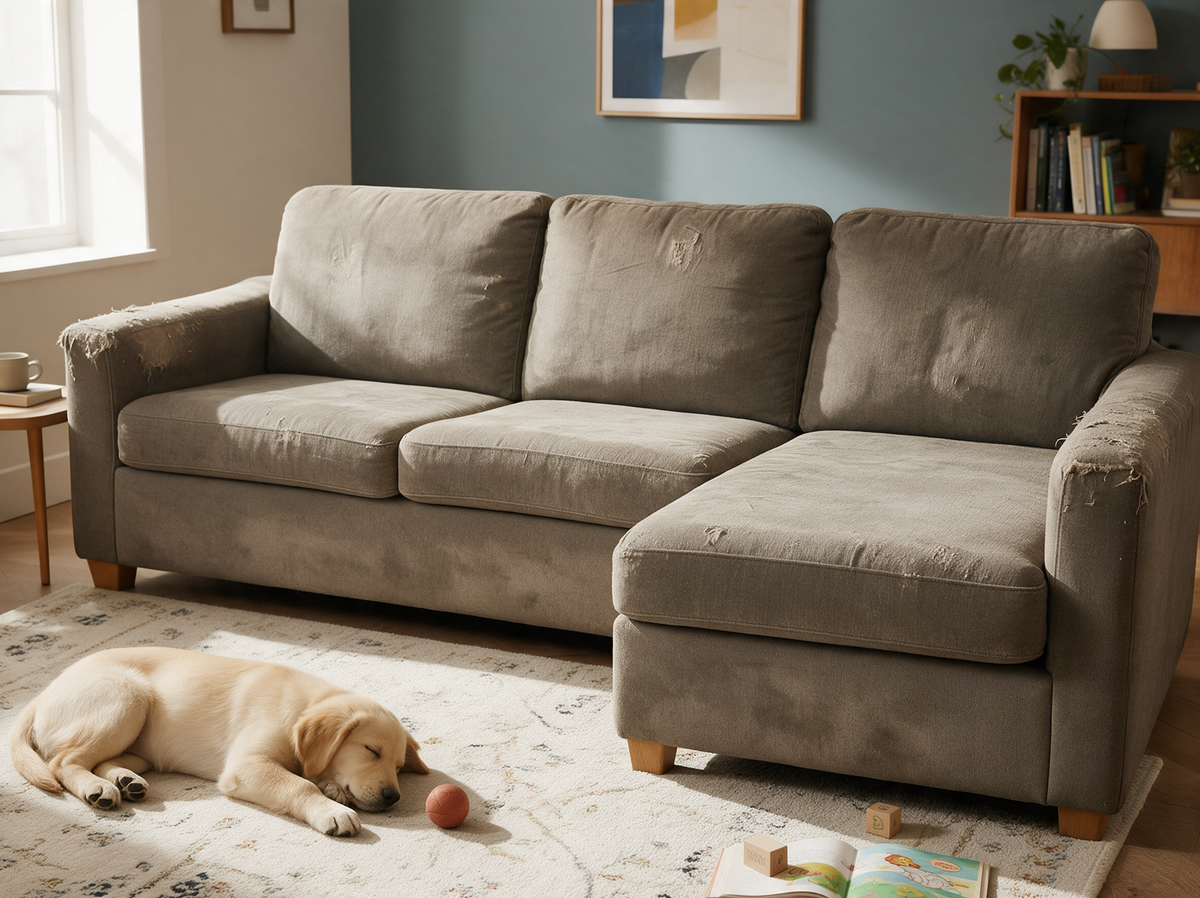 Well-used corner sofa in a warm family room, with a golden retriever puppy asleep on the rug.