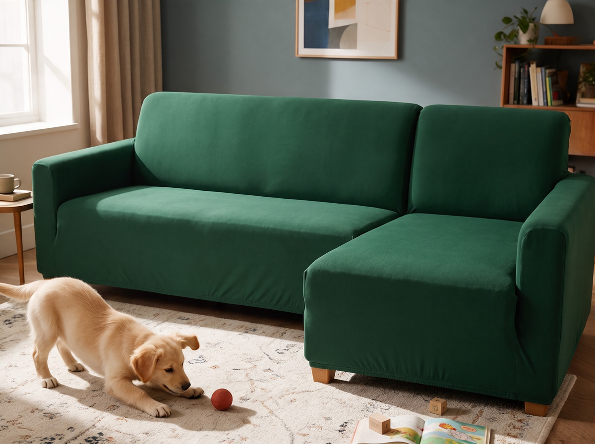 Classic Plain in Malachite Green in two fitted corner-couch cover pieces, with a playful golden retriever puppy in the same family room.