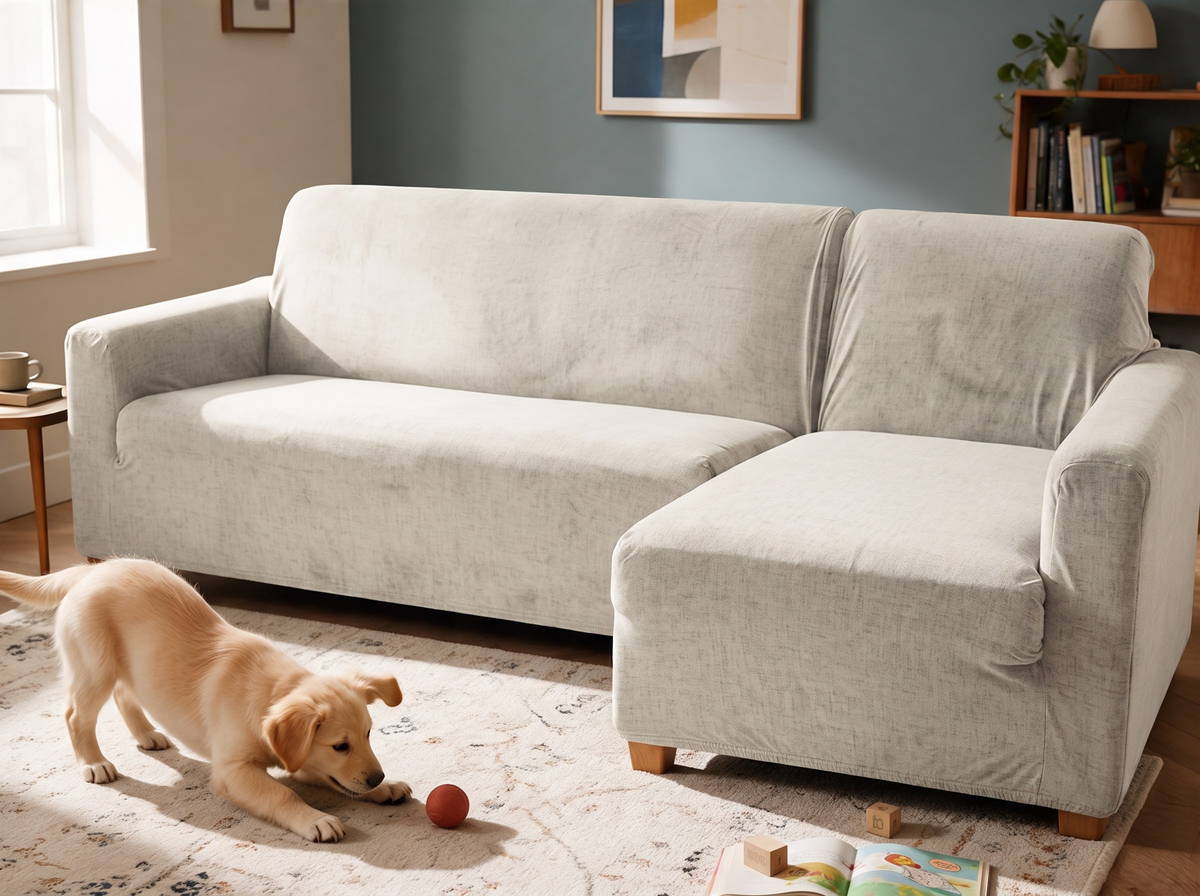 Crosshatch in Eggshell in two fitted corner-couch cover pieces, with a playful golden retriever puppy in the same family room.