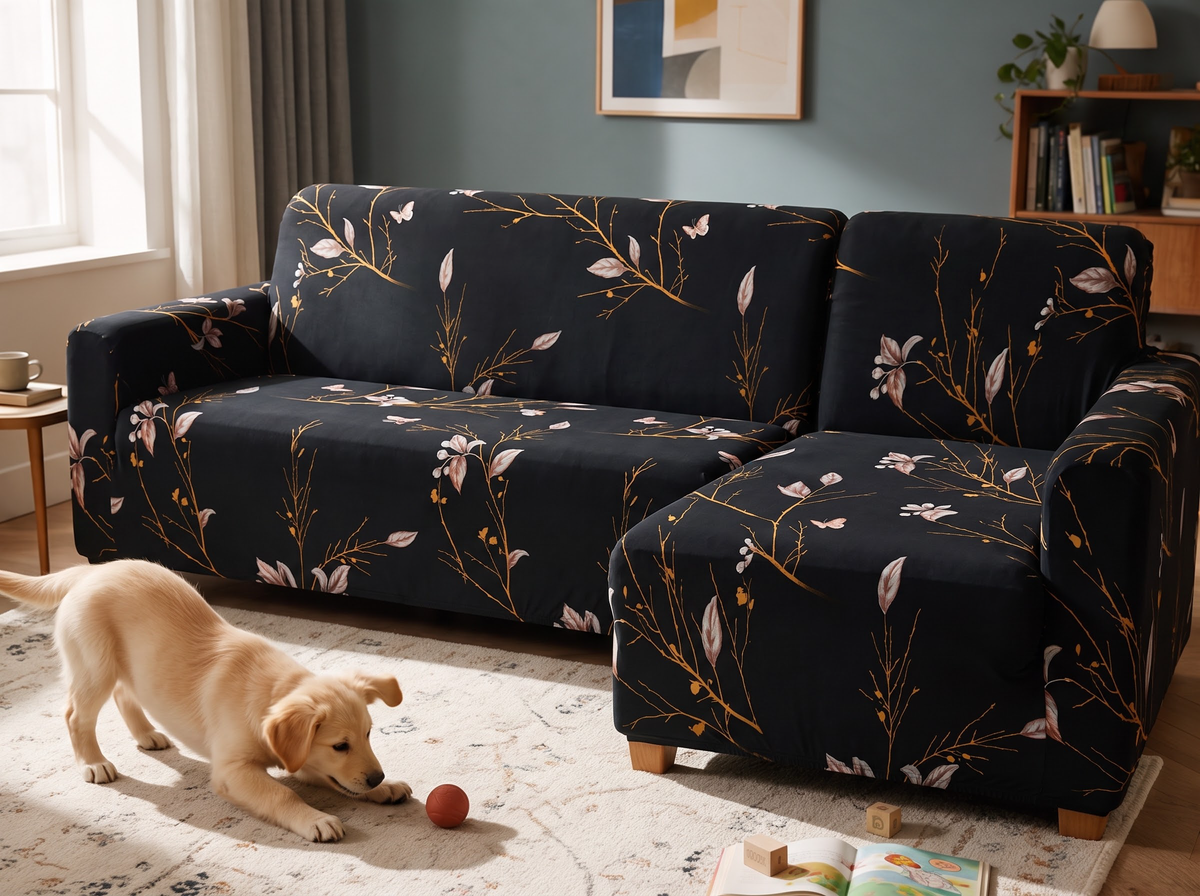 Printed Stretch in Printemps in two fitted corner-couch cover pieces, with a playful golden retriever puppy in the same family room.