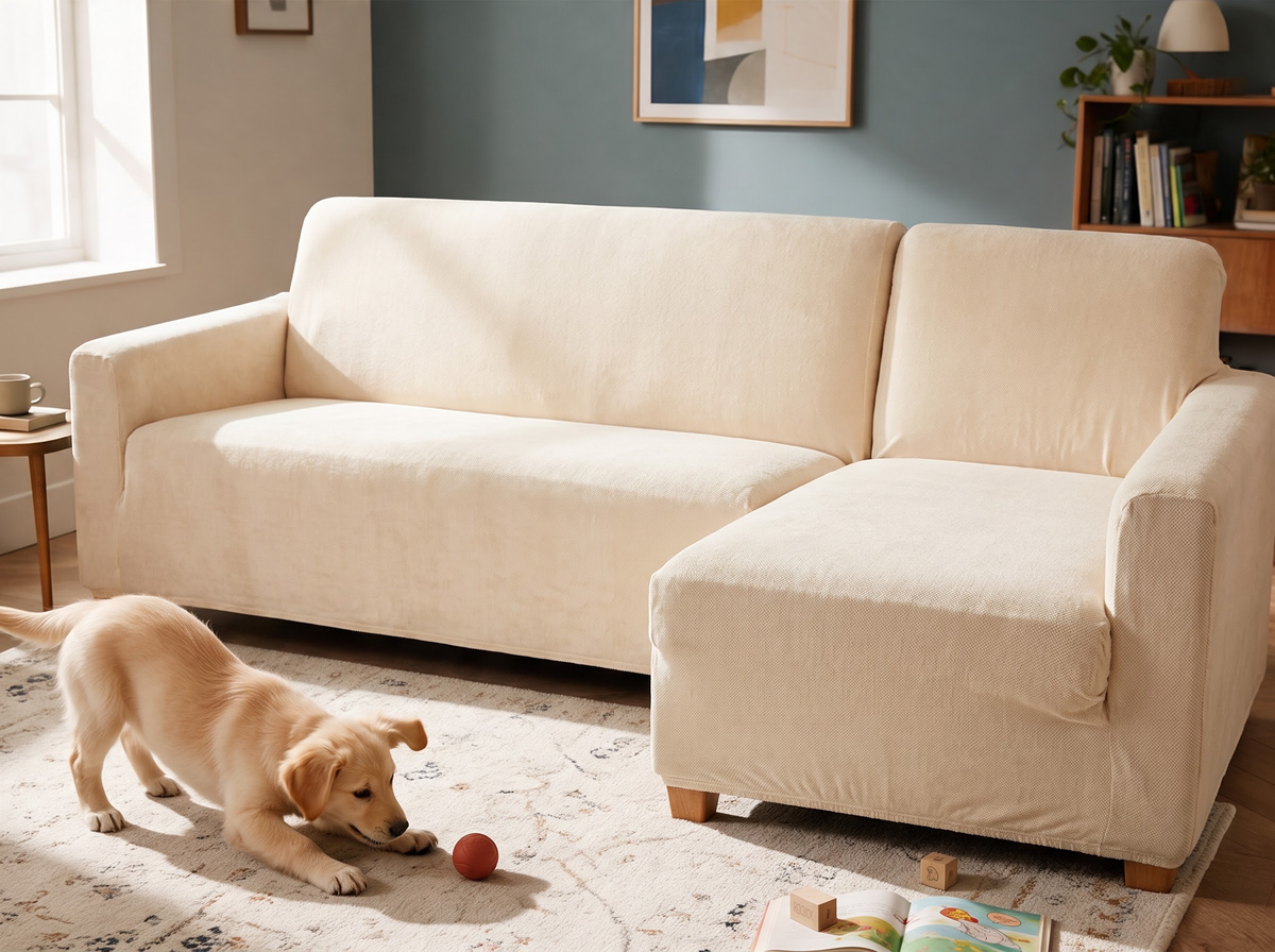 Luma in Beige in two fitted corner-couch cover pieces, with a playful golden retriever puppy in the same family room.