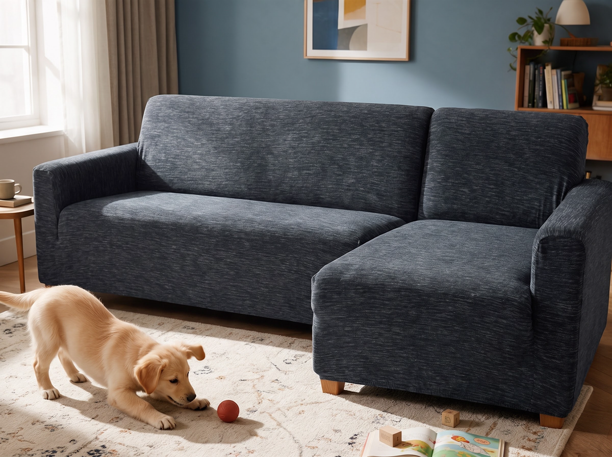 Flecked in Anthracite Grey in two fitted corner-couch cover pieces, with a playful golden retriever puppy in the same family room.