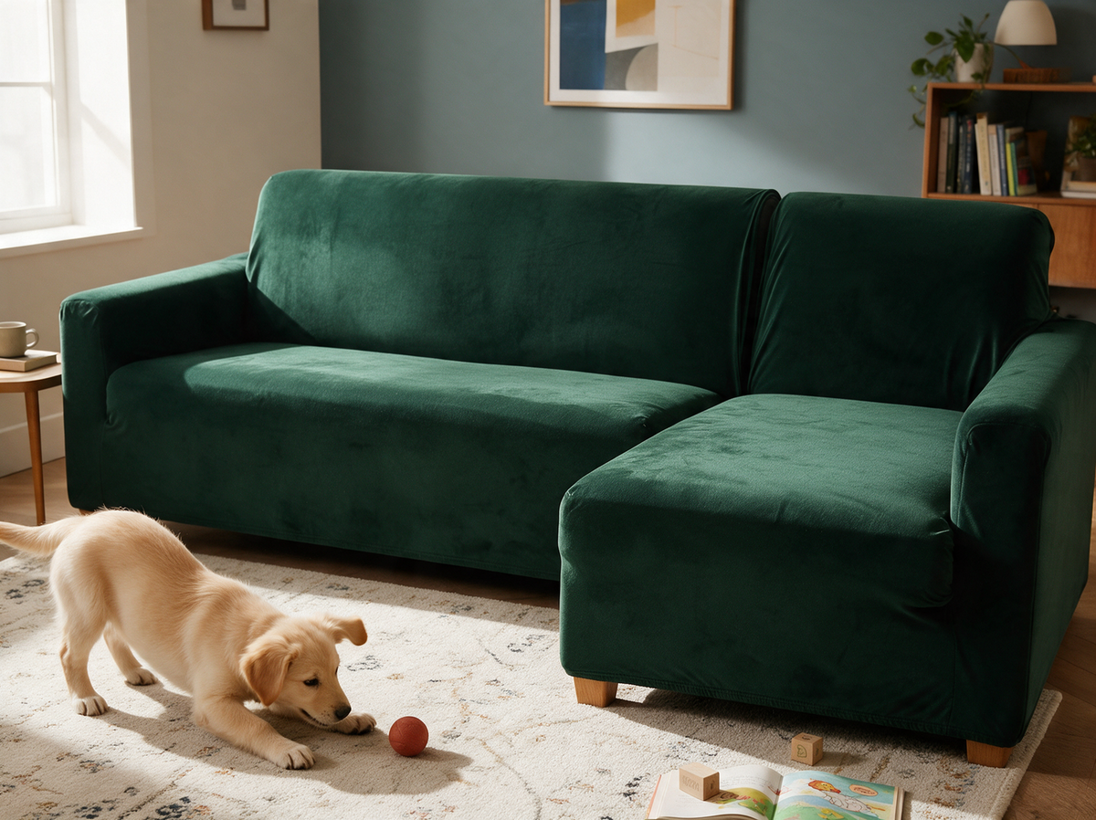 Velvet in Dark Green in two fitted corner-couch cover pieces, with a playful golden retriever puppy in the same family room.