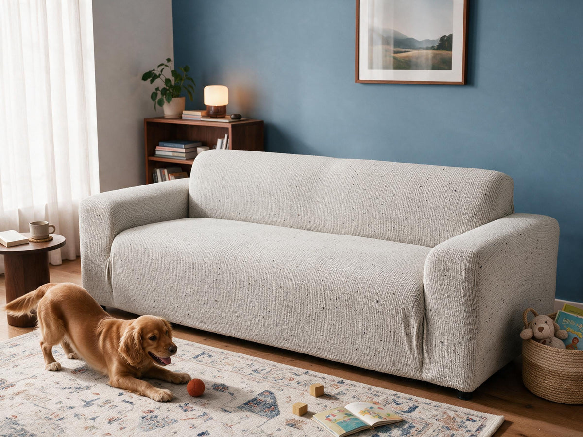 Crossmere in Cloud Grey removable couch cover in the after-comparison scene, with a playful golden dog.