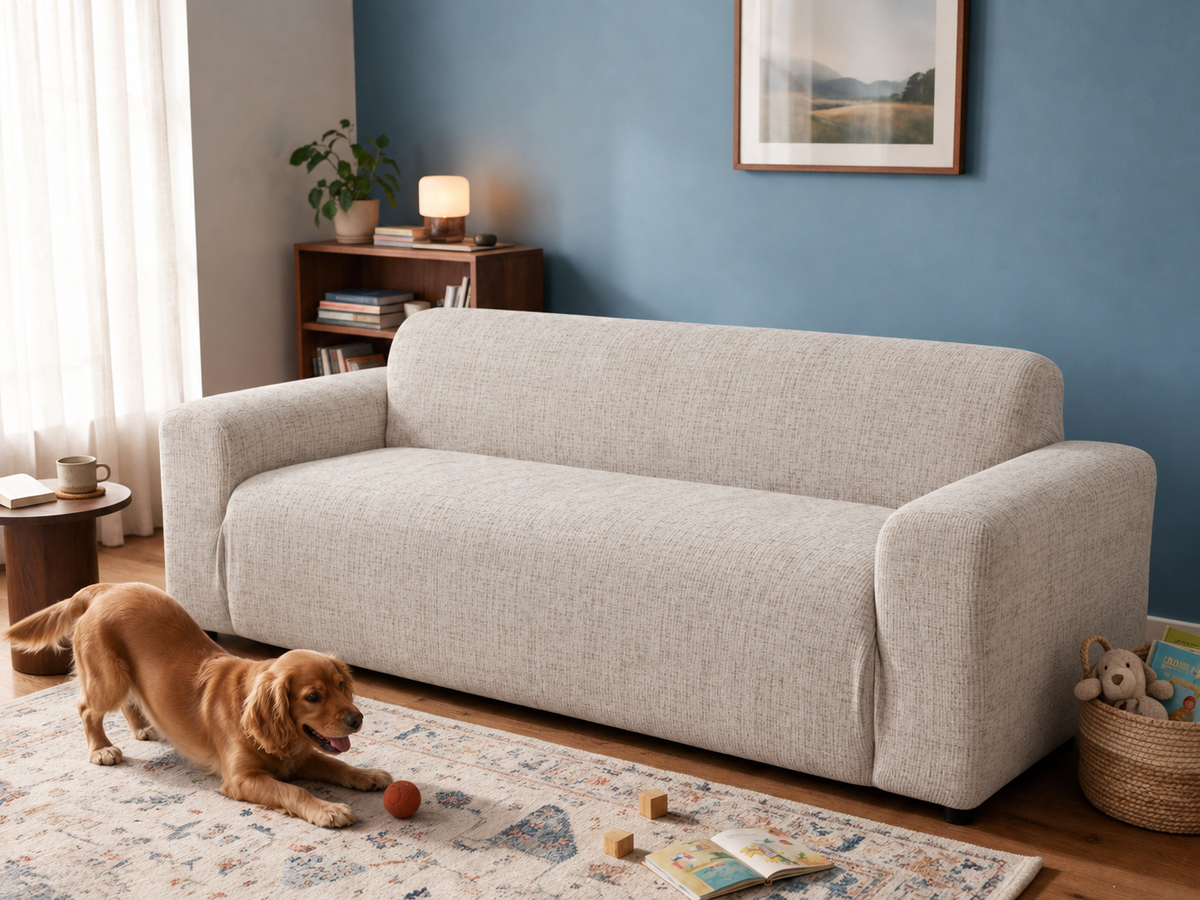 Crosshatch Eggshell stretch cover fitted over the same family sofa, in a warm blue-walled room with a playful golden dog.