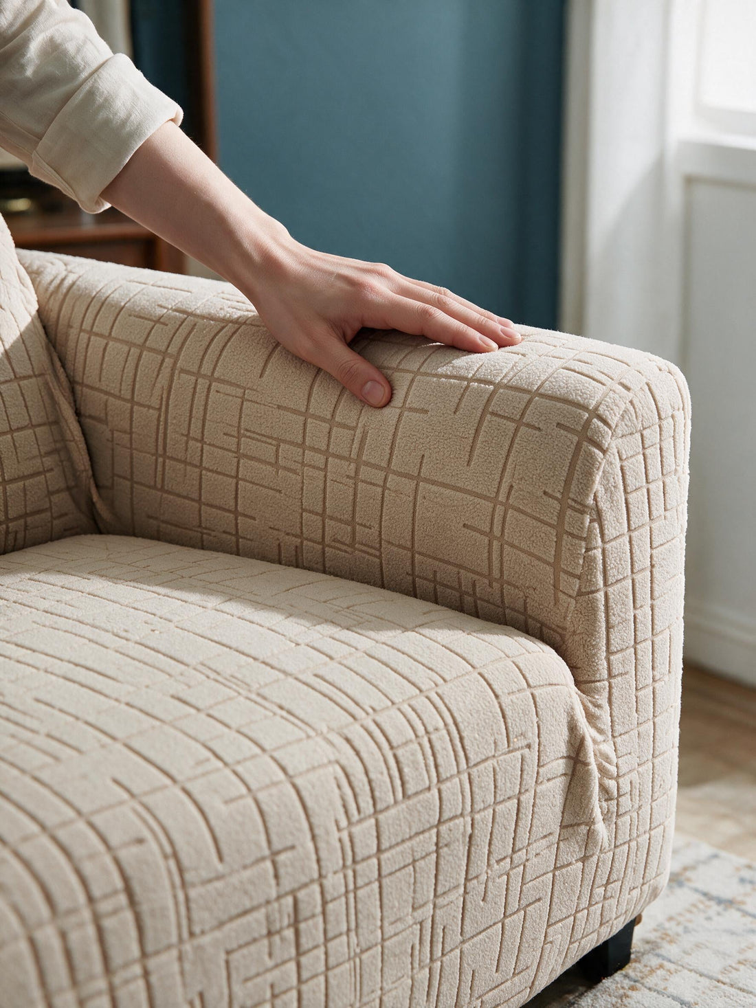 Close-up of the Arquette - Milk Tea cover around a sofa arm