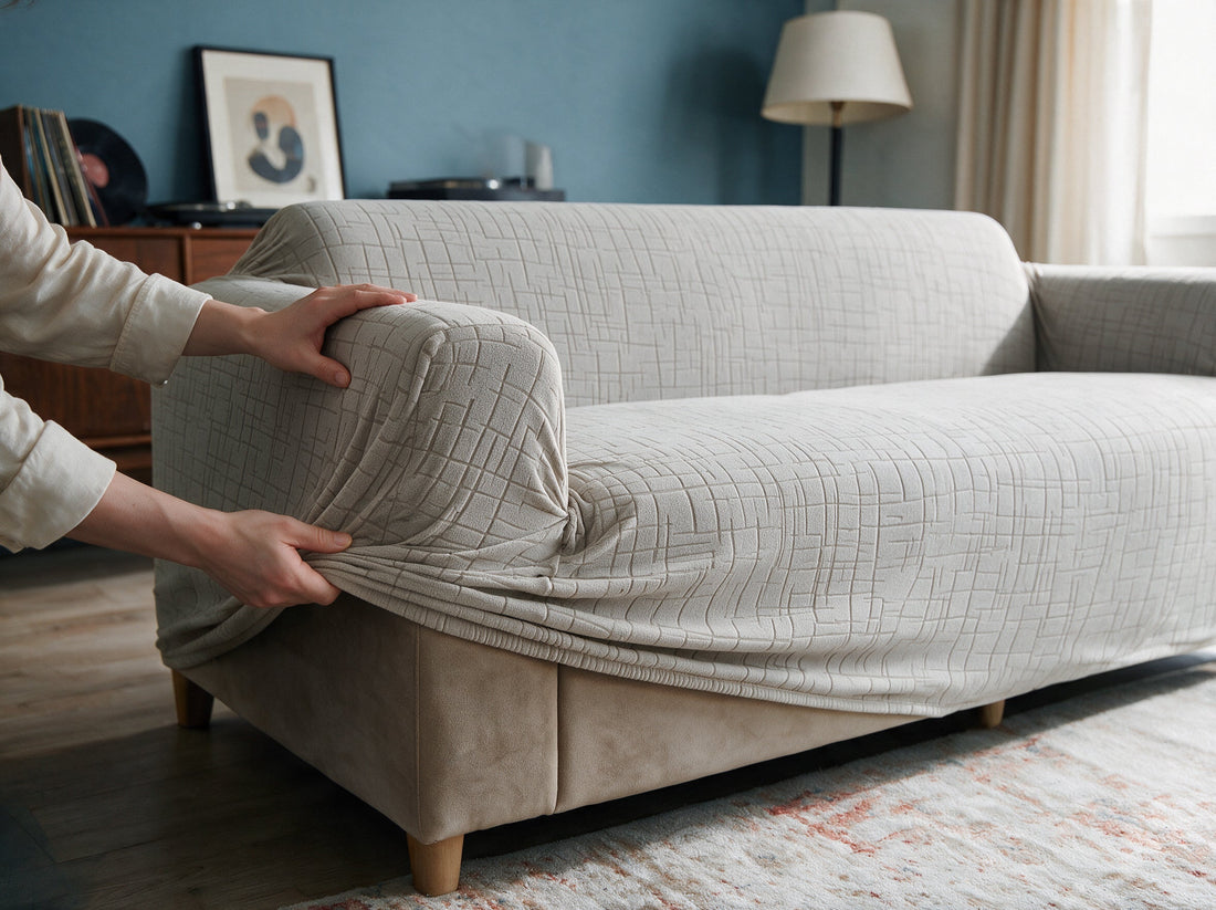 The Arquette - Cloud Grey cover being adjusted around the sofa edge