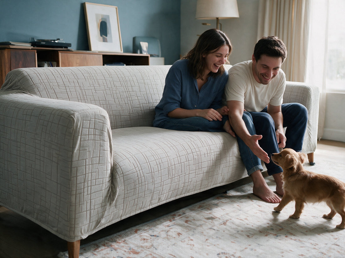A sofa dressed in the Arquette - Cloud Grey cover in a relaxed living room