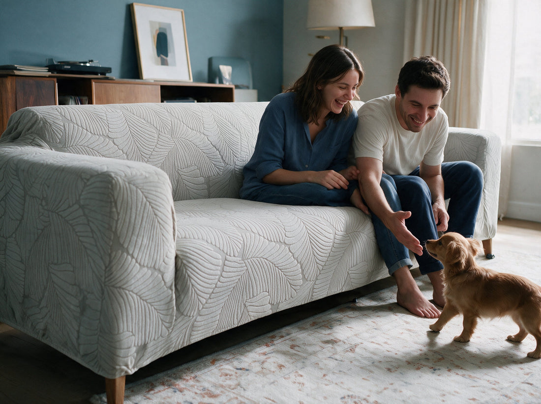 A sofa dressed in the Avelia - Cloud Grey cover in a relaxed living room