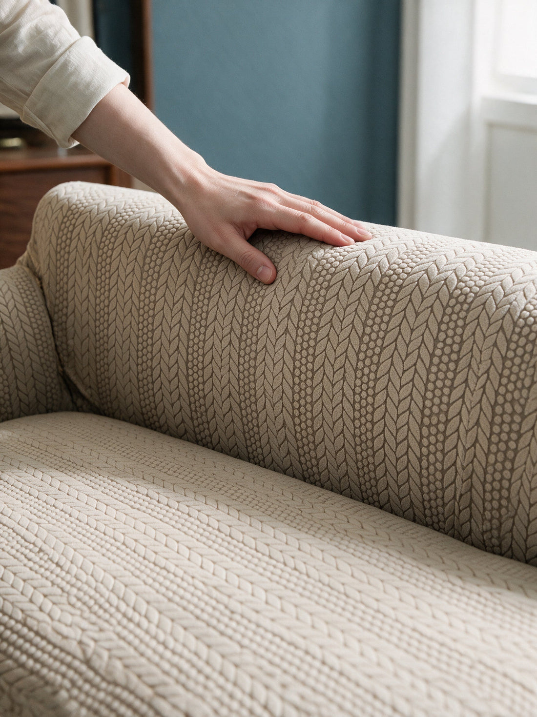 Close-up of the Braelyn - Khaki cover around a sofa arm