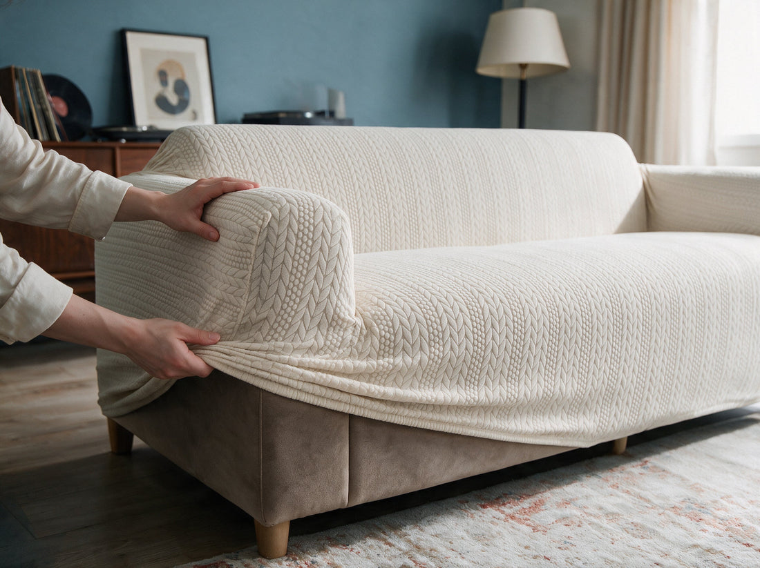 The Braelyn - Cream White cover being adjusted around the sofa edge