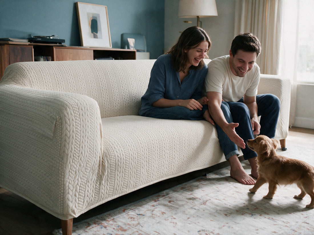 A sofa dressed in the Braelyn - Cream White cover in a relaxed living room