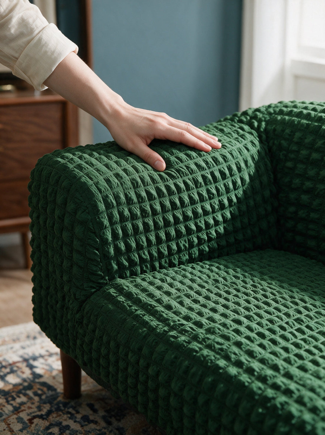 Close-up of the Bobble Textured - Forest Green  cover around a sofa arm