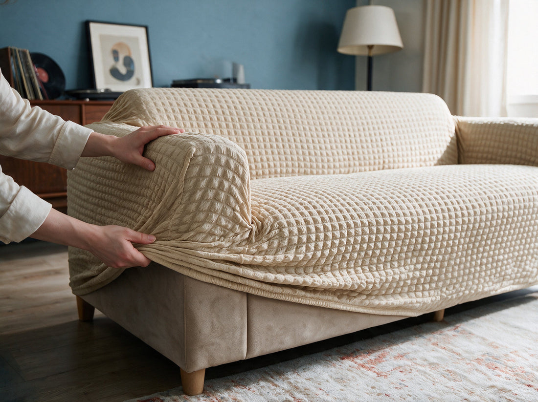 The Bobble Textured - Beige cover being adjusted around the sofa edge
