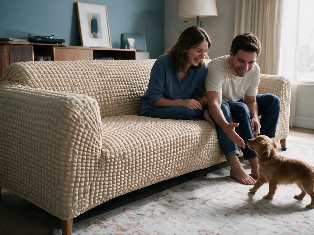 A sofa dressed in the Bobble Textured - Beige cover in a relaxed living room