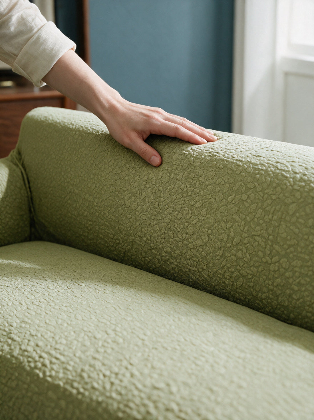 Close-up of the Pebble Textured - Bean Green cover around a sofa arm