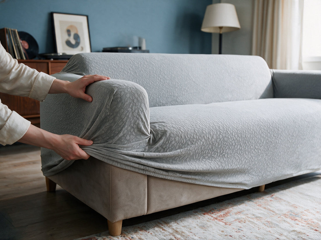 The Pebble Textured - Light Grey cover being adjusted around the sofa edge