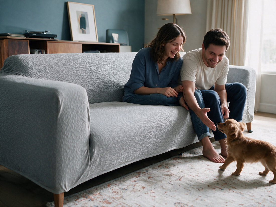 A sofa dressed in the Pebble Textured - Light Grey cover in a relaxed living room