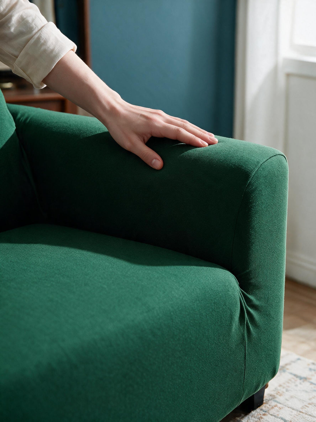 Close-up of the Malachite Green cover around a sofa arm
