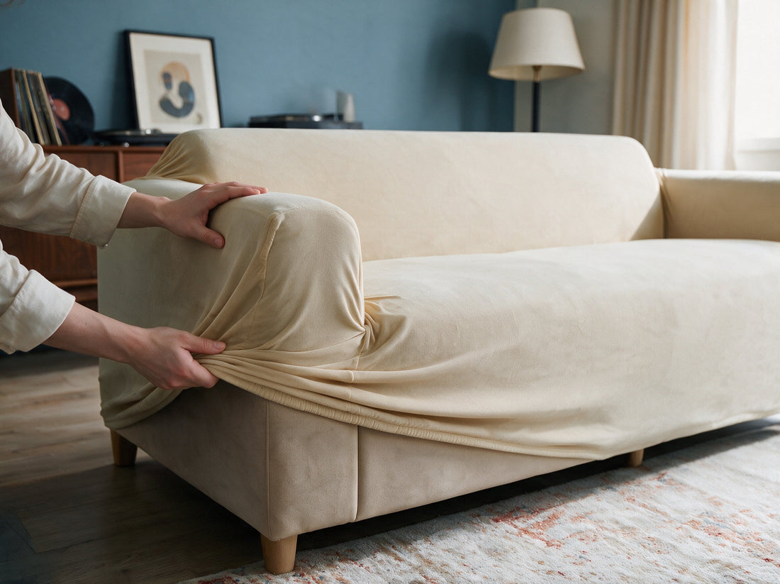 The Linen cover being adjusted around the sofa edge
