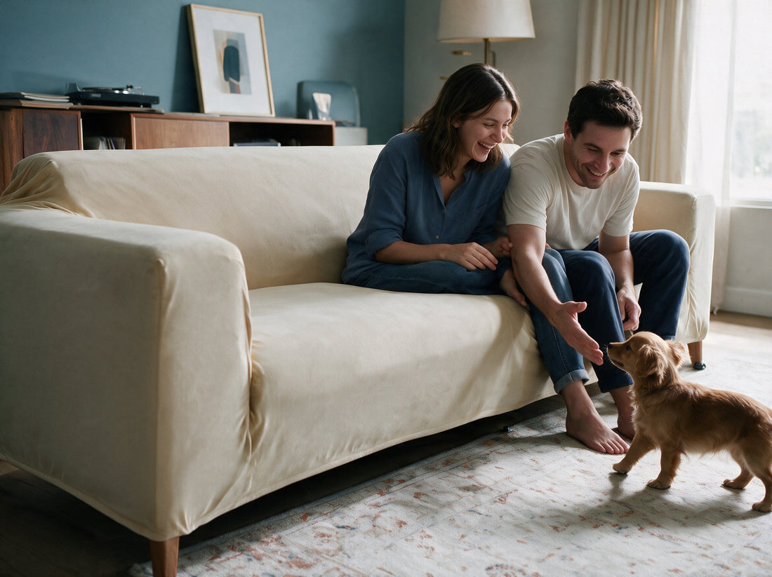 A sofa dressed in the Linen cover in a relaxed living room