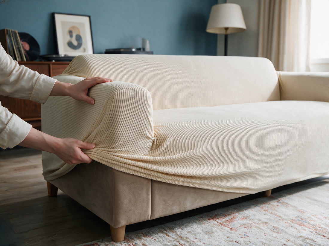 The Cordelle - Beige cover being adjusted around the sofa edge
