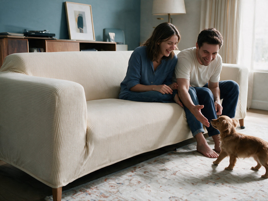 A sofa dressed in the Cordelle - Beige cover in a relaxed living room
