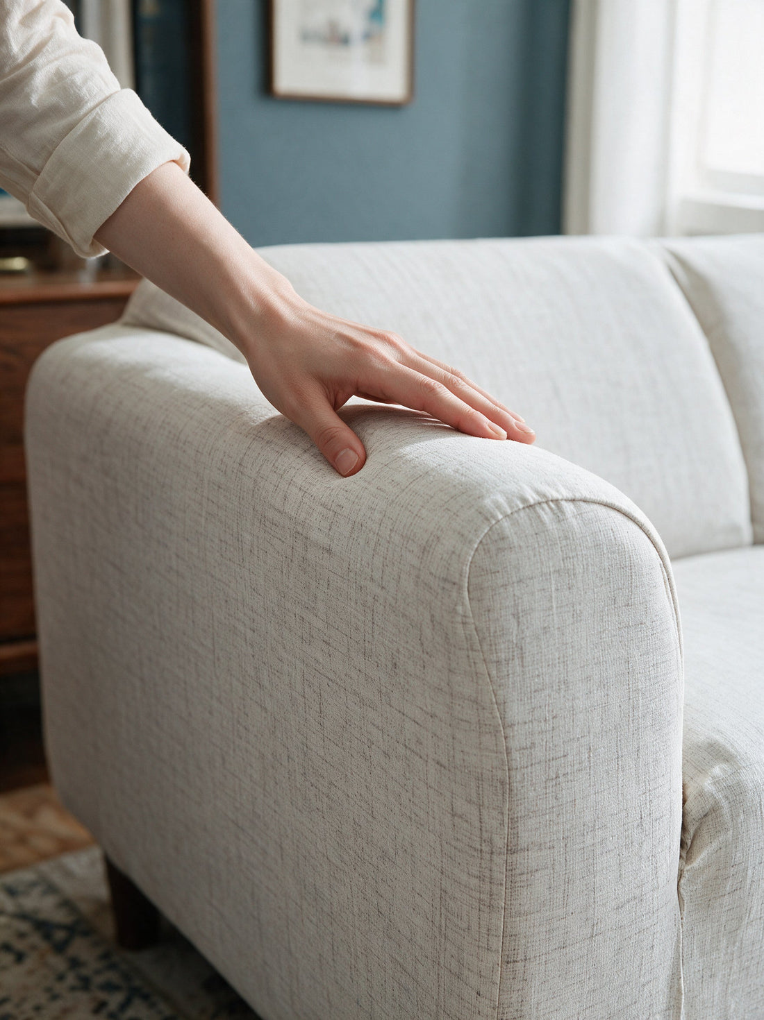 Close-up of the Crosshatch - Eggshell cover around a sofa arm