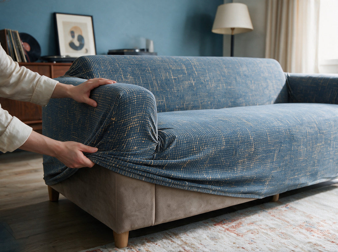 The Crosshatch - Blue & Gold cover being adjusted around the sofa edge