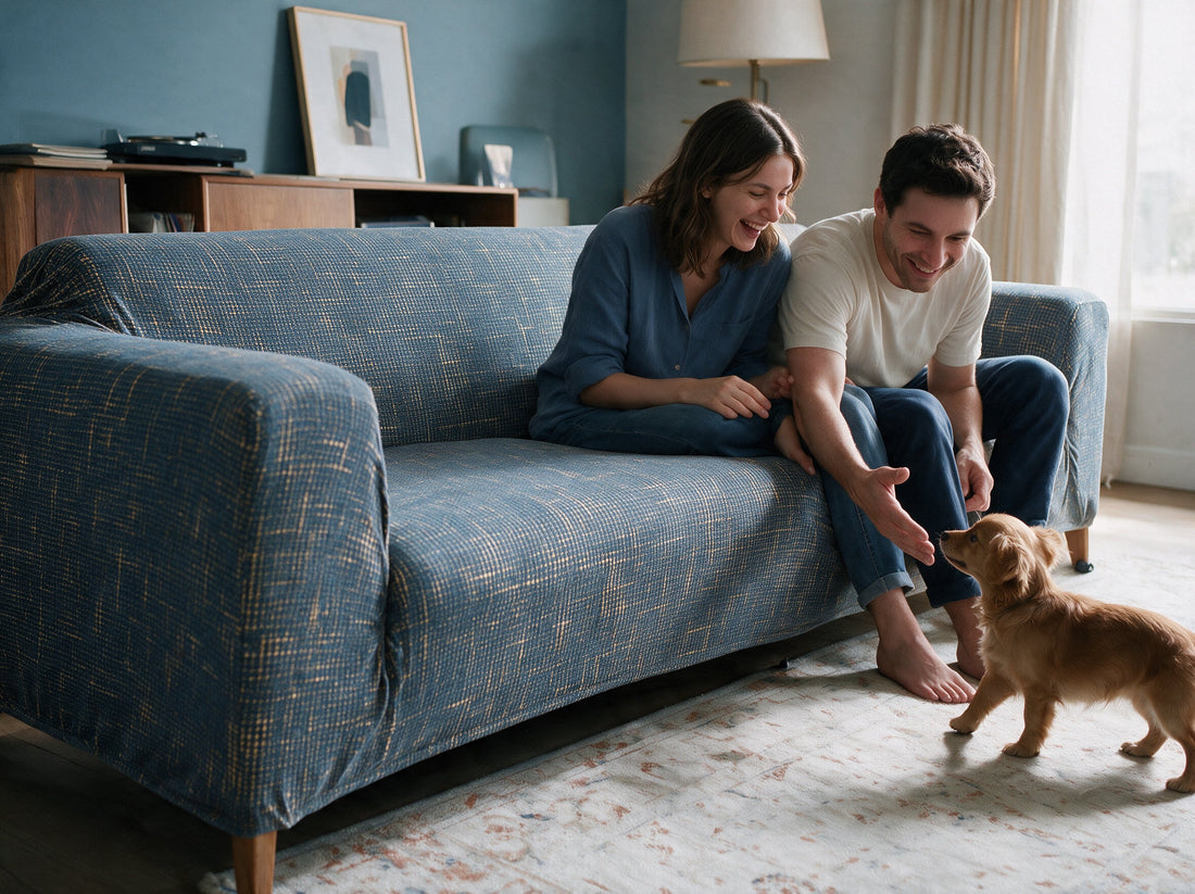 A sofa dressed in the Crosshatch - Blue & Gold cover in a relaxed living room