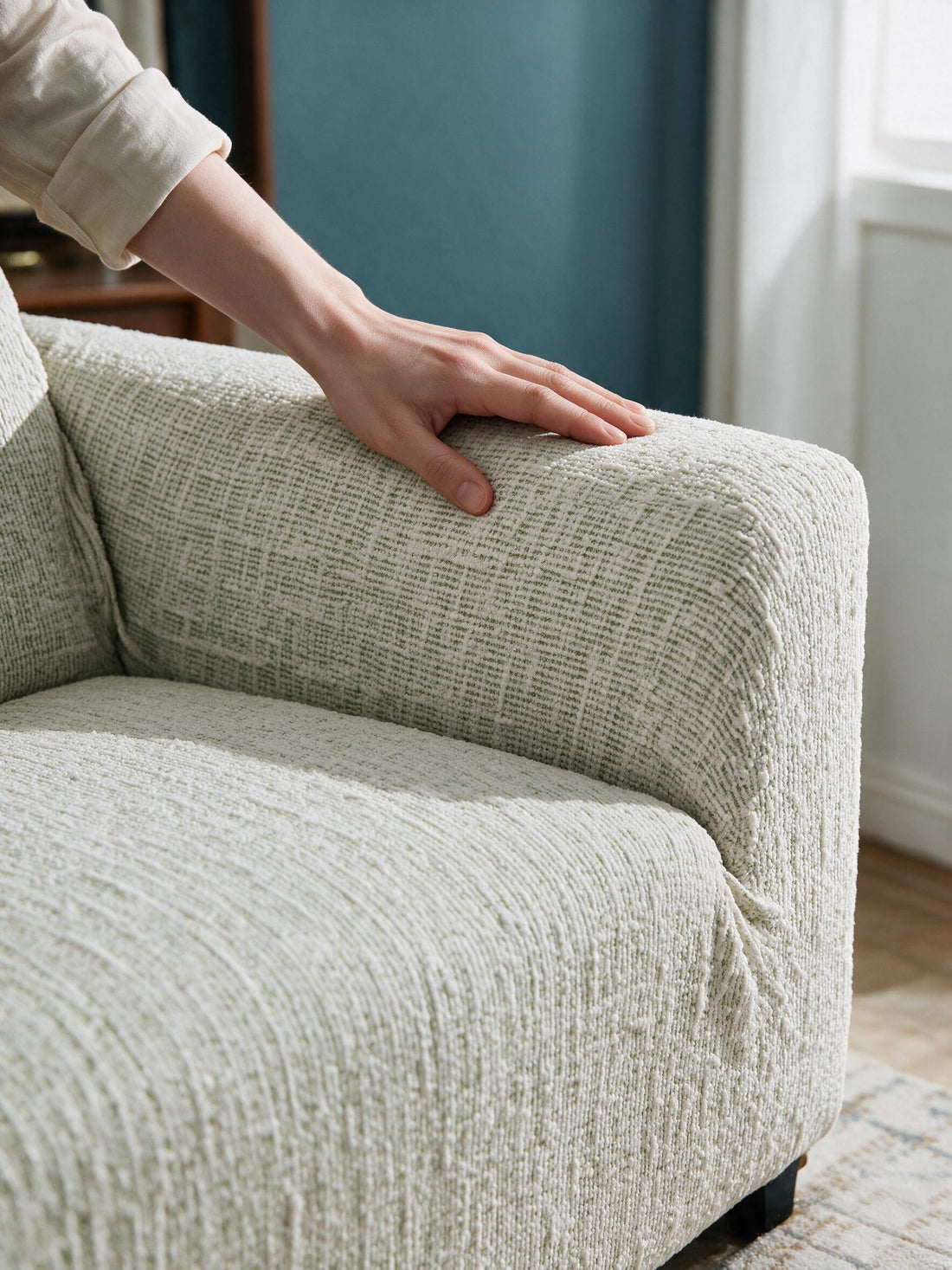 A hand feeling the Crossmere Green cover, with a generously proportioned sofa seat in view