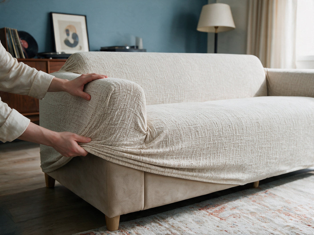 The Crossmere - Beige cover being adjusted around the sofa edge