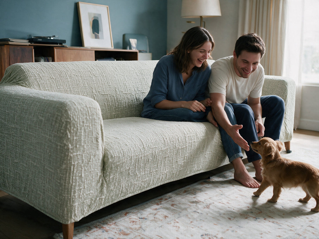 A sofa dressed in the Crossmere - Beige cover in a relaxed living room