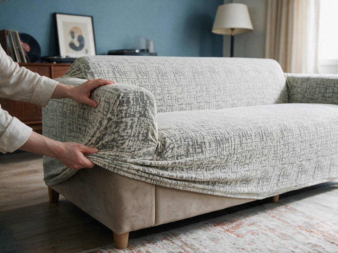 The Gridelle - Space Grey cover being adjusted around the sofa edge