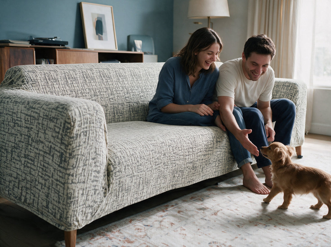 A sofa dressed in the Gridelle - Space Grey cover in a relaxed living room
