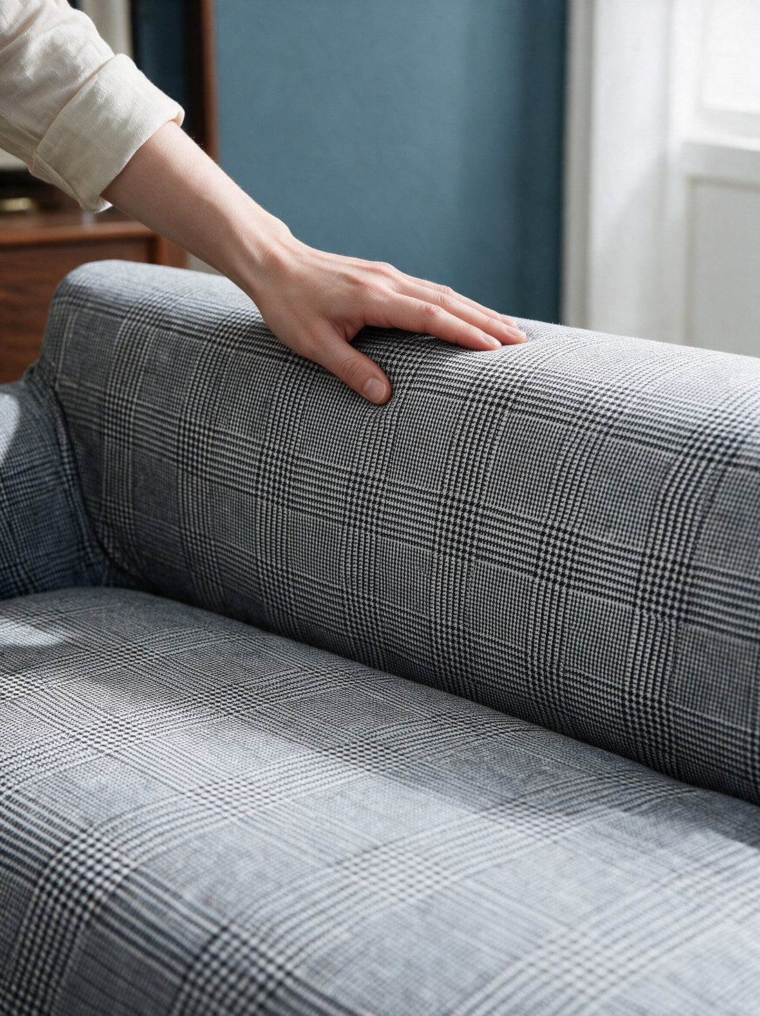 Close-up of the Jacquard cover around a sofa arm