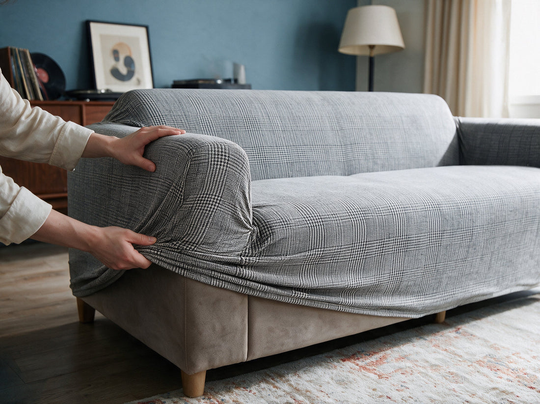 The Jacquard cover being adjusted around the sofa edge