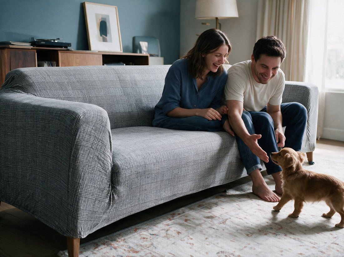 A sofa dressed in the Jacquard cover in a relaxed living room