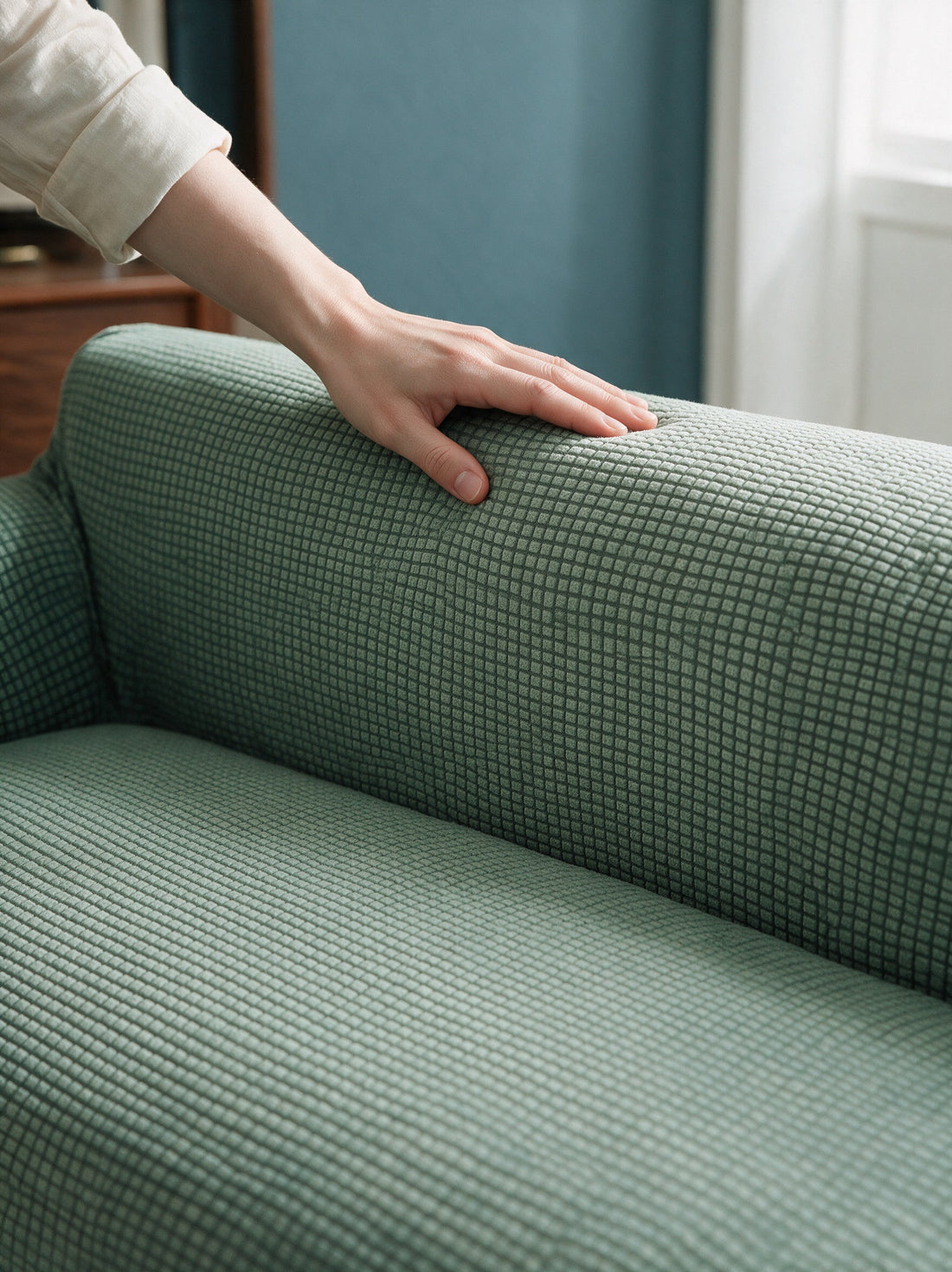 Close-up of the Jacquard - Light Green cover around a sofa arm