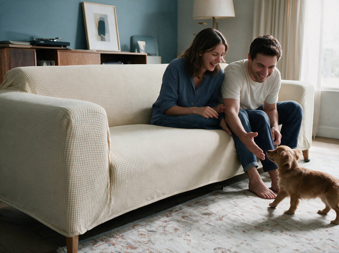 A sofa dressed in the Jacquard - Cream cover in a relaxed living room