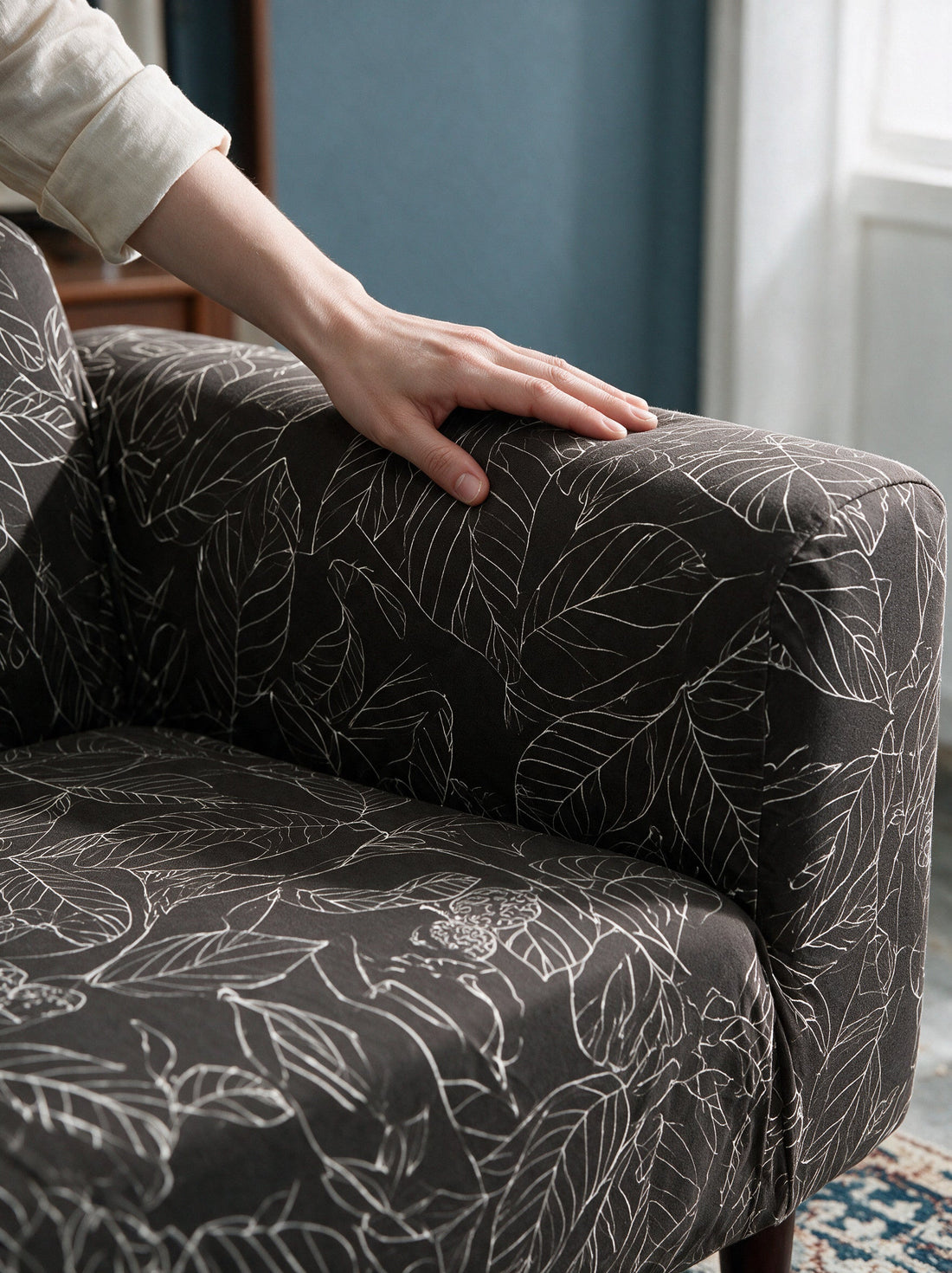 Close-up of the Leatwinkle cover around a sofa arm