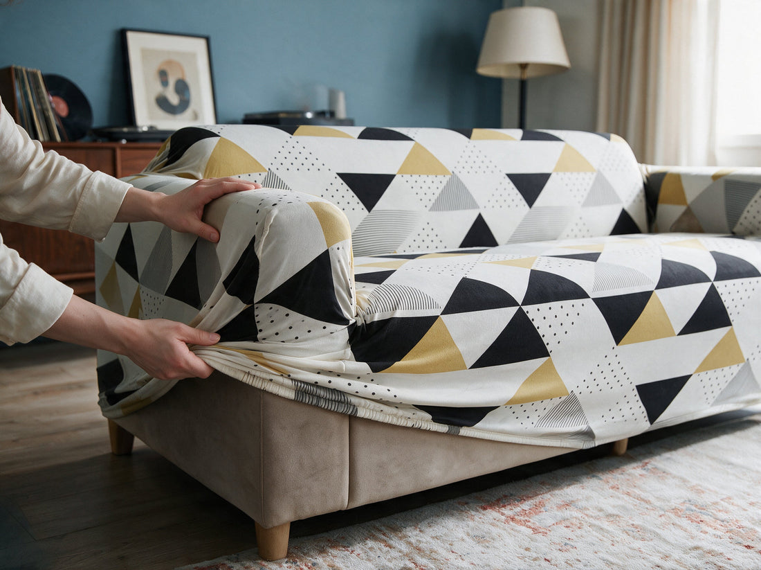 The Whitecrusha cover being adjusted around the sofa edge